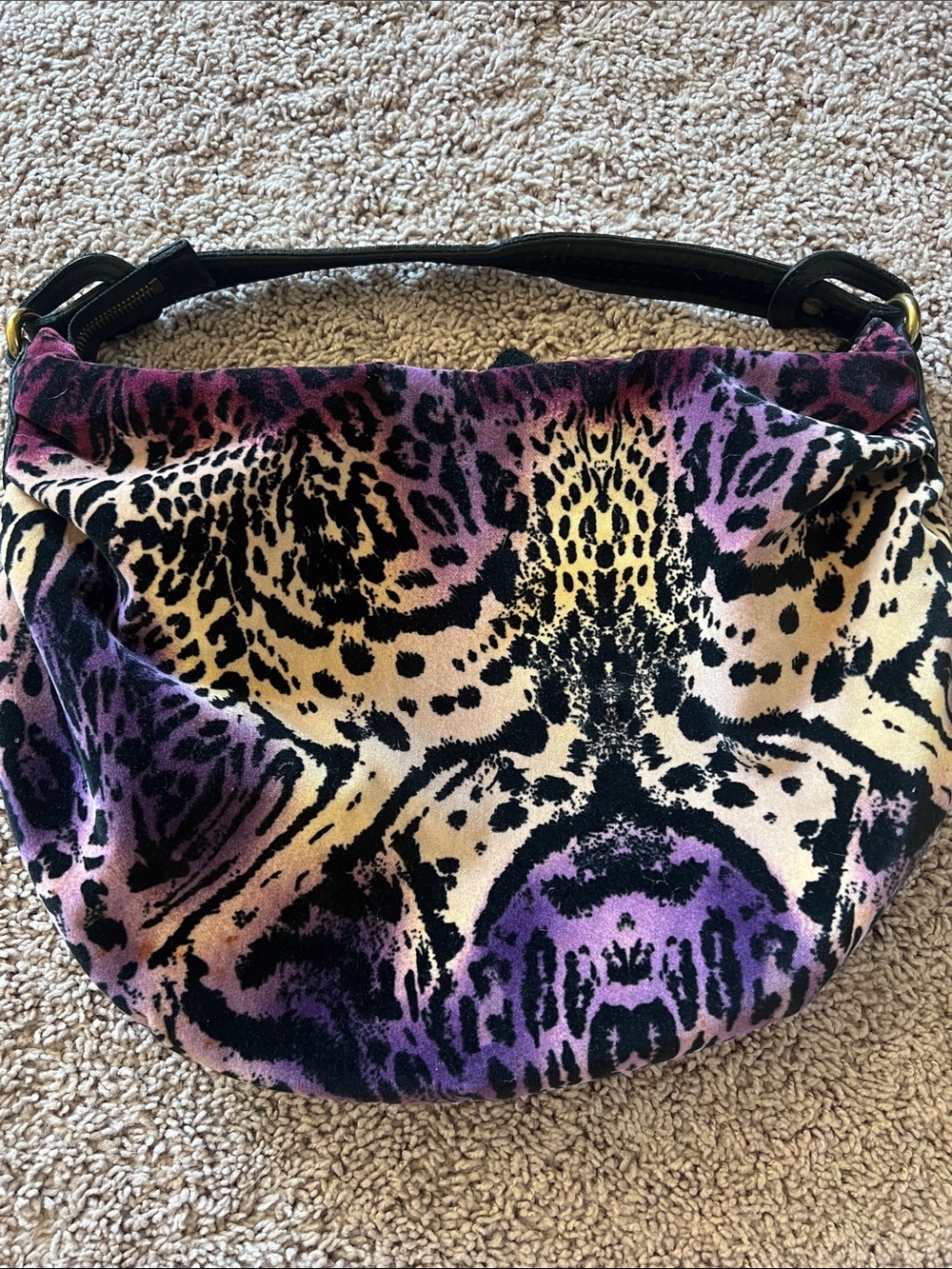 Y2K Lucky Brand Cotton/Leather Purple Leopard Slouchy Shoulder Hobo Bag